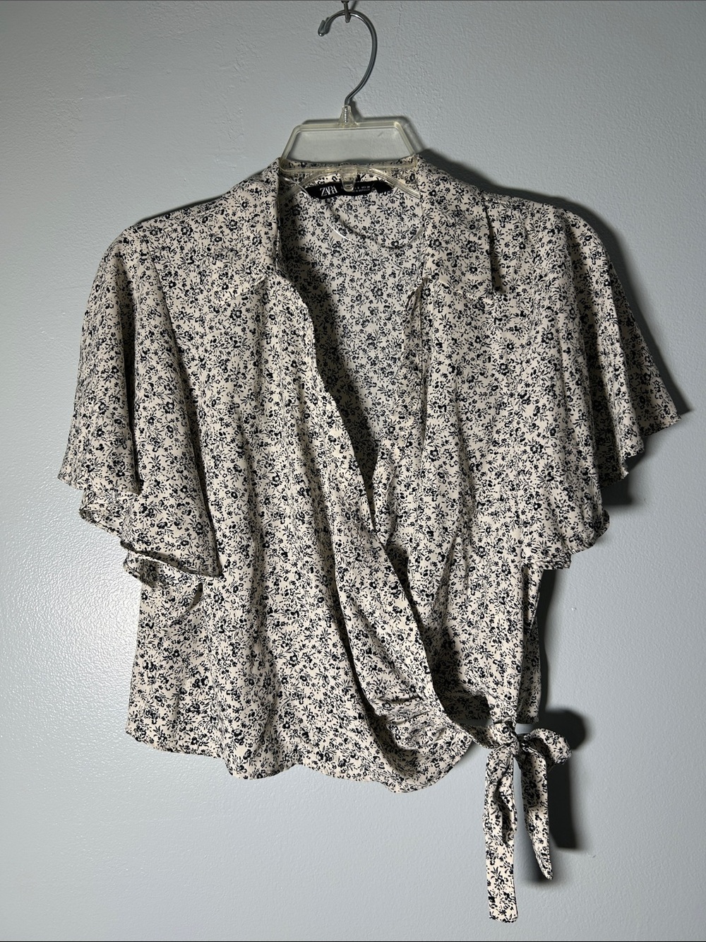 Zara Cream and Black Micro Floral Wrap Blouse